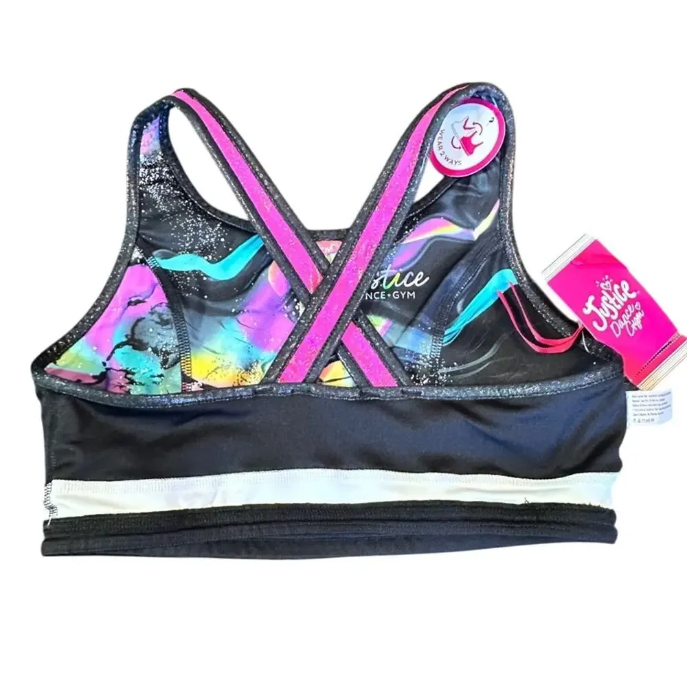 Justice dance dancewear reversible crop top CXL NWT pink black gym bra 16/18